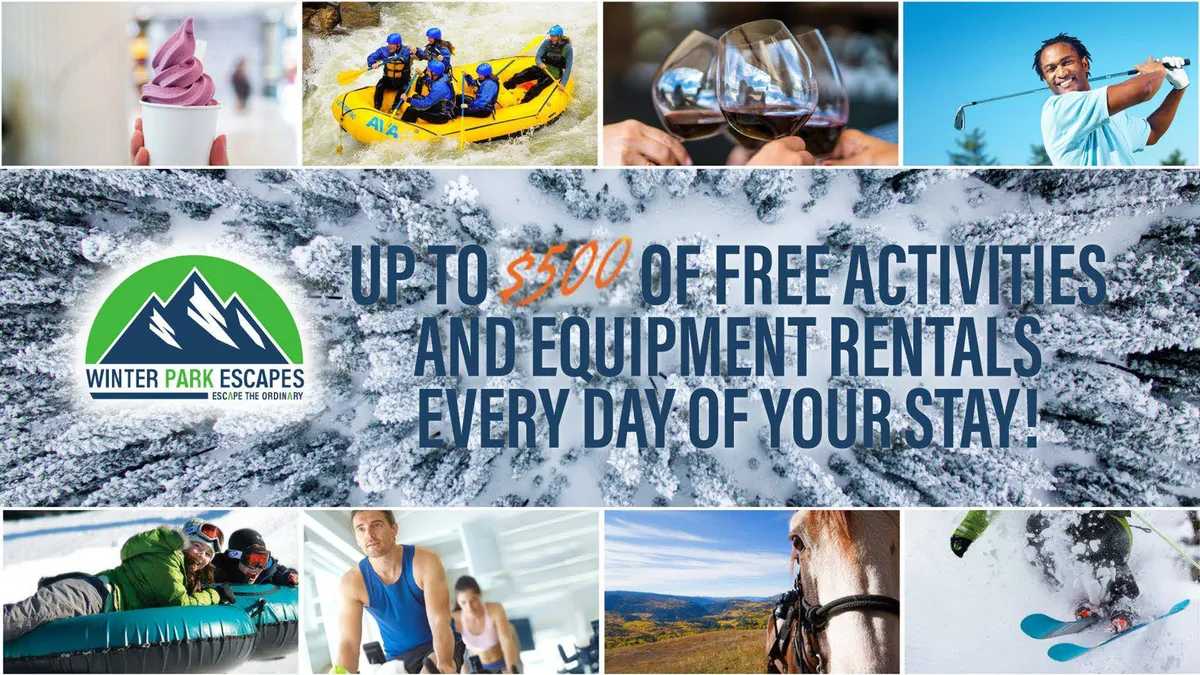 A collage-style interior image featuring people engaged in various activities such as rafting, wine tasting, skiing, and golfing, along with promotional text for free adventures available exclusively through Winter Park Escapes.