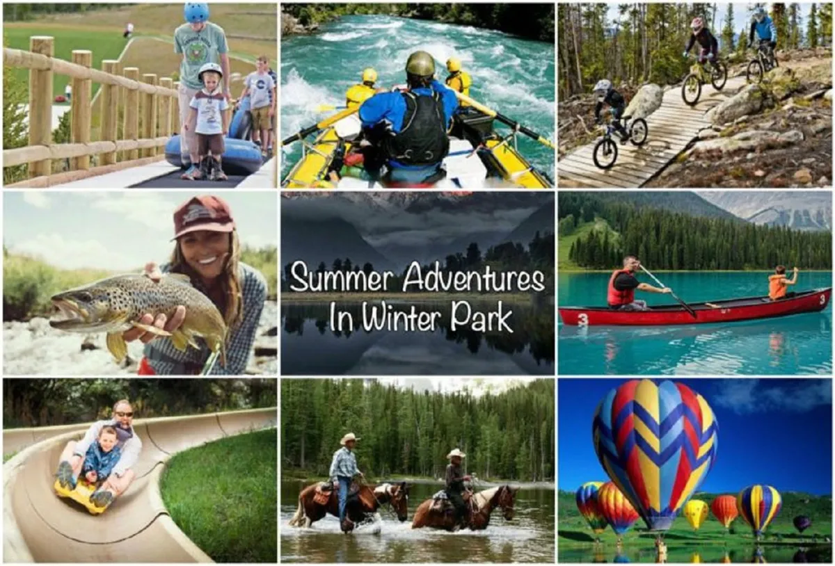 An energetic summer scene showing children playing, a family rafting down a river, cyclists riding on mountain trails, and horseback riders exploring the outdoors. The image also features fishing, kayaking, and a vibrant hot air balloon in the distance, all set against a sunny Rocky Mountain backdrop.